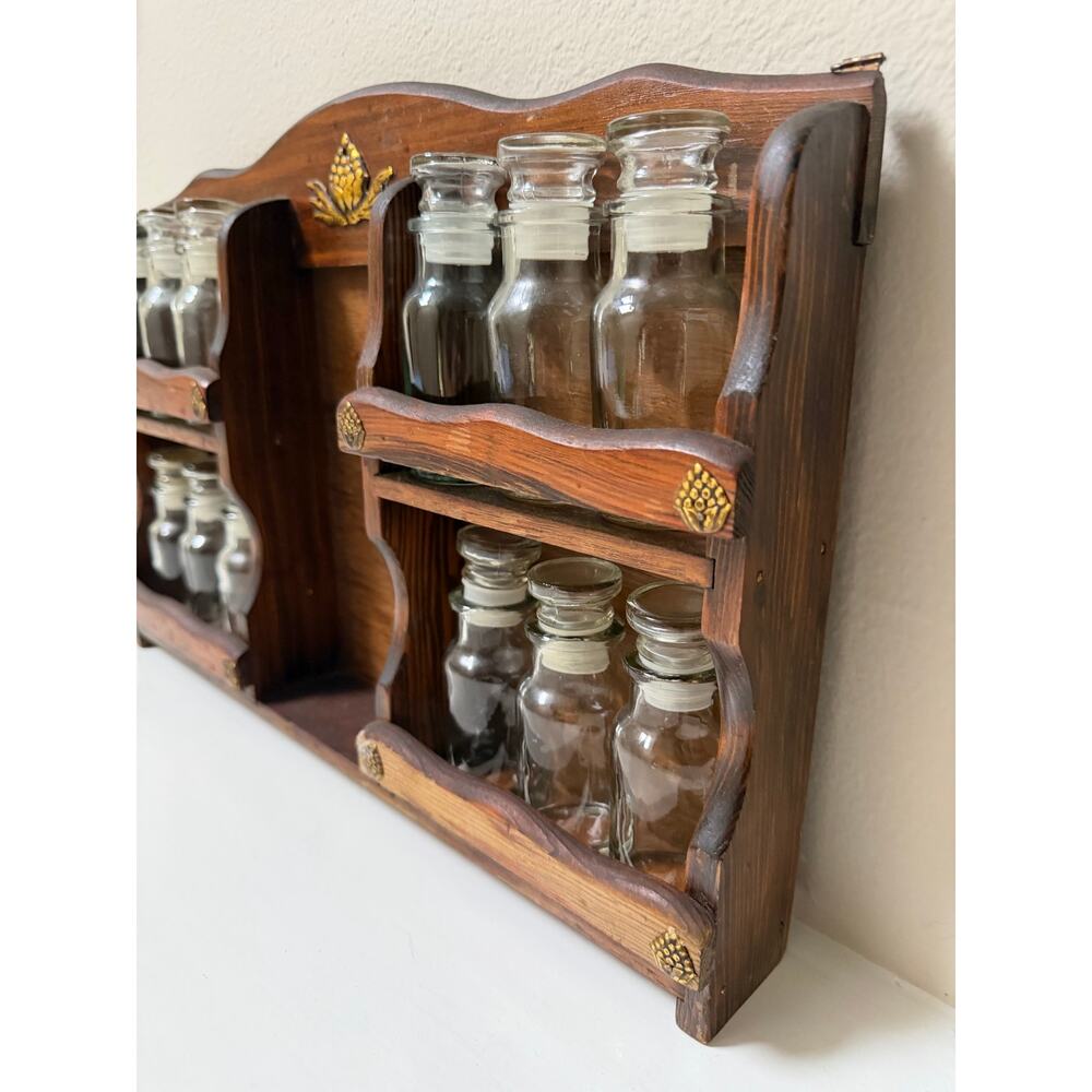 Vintage Mid-Century Wooden Apothecary Spice Rack Wall Mount with Glass Bottles - Picture 2 of 10